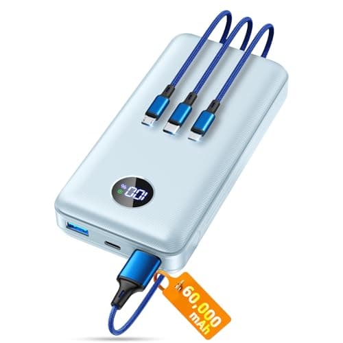 Portable Charger Power Bank, 60000mAh Battery Pack with 3 in 1 USB-C/iOS/Micro-USB Cable, 22.5W Fast Charging Portable Phone Charger, Travel Camping Essential Powerbank for iPhone 17/16 Samsung,Sky