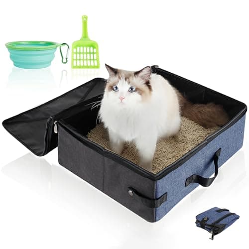 HiCaptain Portable Travel Litter Box for Cats, Leak Proof Collapsible Cat Litter Box with Lid, Easy to Carry Pet Cat Supplies for Car Travel Hotel Camping Includes Scoop Collapsible Bowl (Blue, Grey)