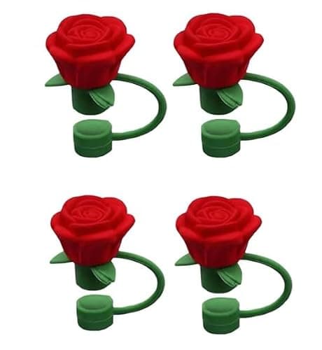 4Pcs 10mm Rose Flower Straw Covers for Stanley Cup,Silicone Cover Dust Proof Plugs Protector,Flower Straw Tips Drinking Dust Cap for 30&40 Oz (Red)