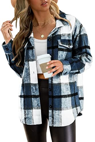 AUTOMET Shackets for Women Plaid Flannel Shirts Blue