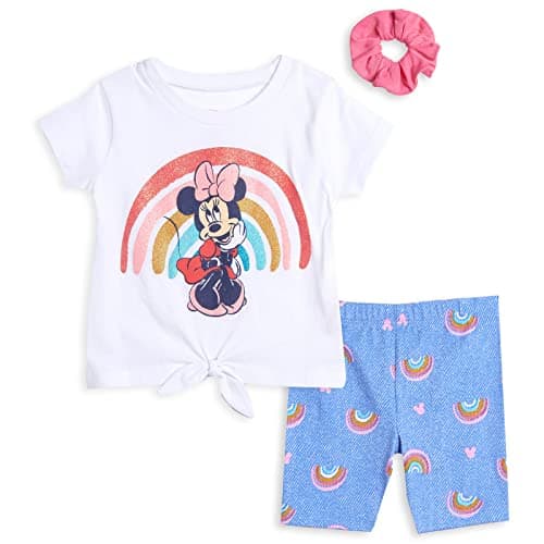 Disney Minnie Mouse Toddler Girls 3 Piece Outfit Set: T-Shirt Shorts Scrunchy White/Blue 3T