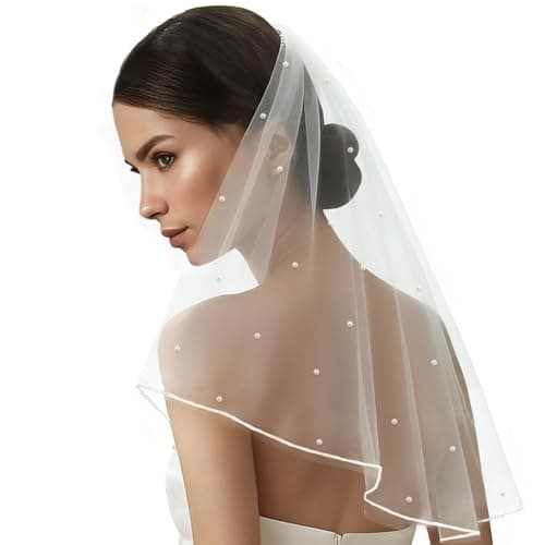 ZWLIYCHN White Short Wedding Veil Short Bridal Veil Pearl Rhinestone Bride Veils with Comb Bachelorette Party Veil Bridal Tulle Veils for Bachelorette Party Bridal Shower Flower Girl Veils