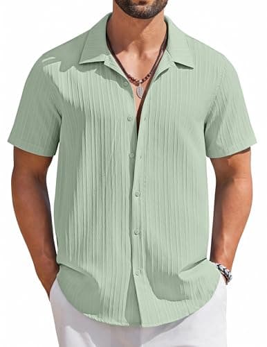 COOFANDY Men's Short Sleeve Casual Button Down Shirts Textured Summer Beach Shirt Light Green