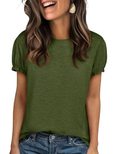 Cicy Bell Womens Ruffle Short Sleeve T Shirt Summer Casual Crew Neck Tops Loose Fit Basic Tees Army Green