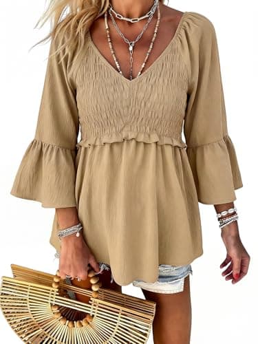 Womens Ruffle 3/4 Sleeve Babydoll Tops V Neck Peplum Blouse Smocked Loose Fit Tunic Top Bell Sleeve Dressy Tee Shirts Khaki