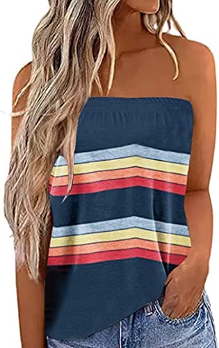 Fronage Womens Tube Tops Strapless Striped Tanks Backless Sexy Casual Bandeau Sleeveless Shirts (Small, Z Navy)