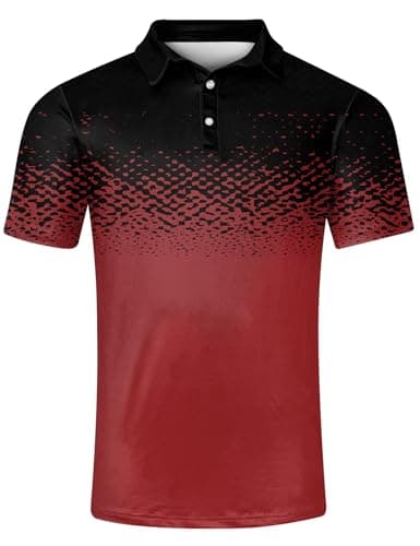 uideazone Mens Red Black Gradient Golf Shirt Dry Fit Polo Shirts Short Sleeve Golf Polo Casual Textured Performance Top, Large