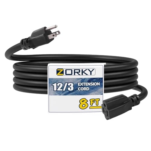 Zorky 8 ft Outdoor Extension Cord Waterproof, 12/3 Heavy Duty Extension Cable with 3 Prong Grounded Plug for Safety, 12AWG 15Amp 1875W Great for Garden, Major Appliances, Black