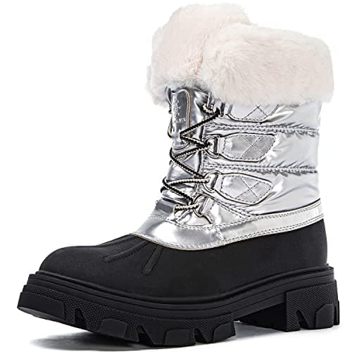 GLOBALWIN Snow Boots for Women Comfortable Winter Boots For Women Waterproof Fluffy Faux Fur Ankle Booties Silver Boots Water-Resistant Short Boots For Women Warm Fur Boots, Lace-Up Outdoor Shoes 6.5M