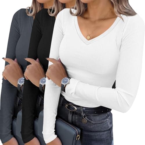 Ekouaer Womens 3 Pack Long Sleeve Shirts V Neck Ribbed Slim Fit Basic Tops Thermal Undershirts Casual Tee Black/White/Dark Grey X-Large