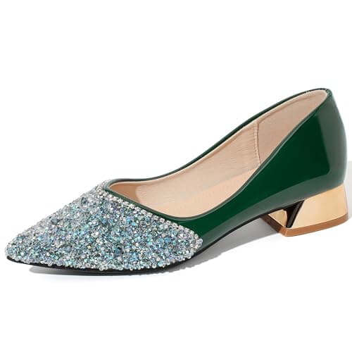 Green Women's Wedding Pumps Rhinestones Sequins Chunky Low Block Heels Pumps Dress Evening Shoes for Women Bridal Size - 8-8.5