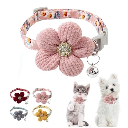 Pink Puppy Collar with Bell, Girl Dog Collar Cute XS Dog Collar Bells Soft Cat Collars Adjustable for XXS XS Small Tiny Male Kitten Dogs Pet Animal