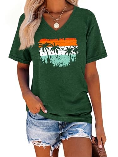 TAKEYAL Women Graphic T Shirts Summer Hawaiian V Neck Shirts A Green