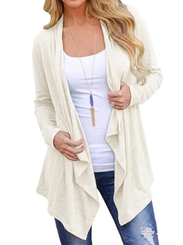 DEARCASE 3/4 Sleeve Open Front Draped Kimono Cardigan Sweaters for Women Plain White Large Lightweight Flowy Ladies Cover Up Trendy Shrug Thin Crop Duster Summer Fall Shawl Cardigans Jackets