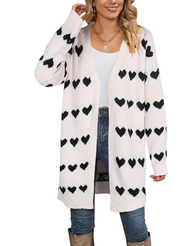 Women's Long Sleeve Heart Cardigan Sweaters V Neck Open Front Knit Coat