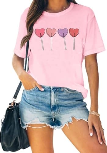 kfulemai Womens Valentines T-Shirt Print Graphic Tees Cute Love Heart Shirts Casual Short Sleeve(XL,Pink-7)
