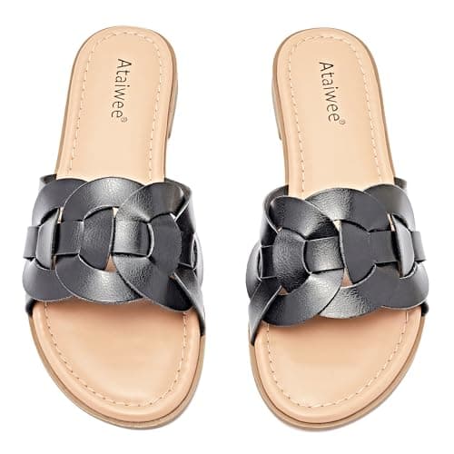 Ataiwee Women's Dressy Braided Open Toe Flat Slides Sandals,Black 6