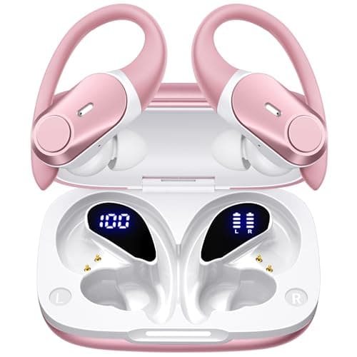 Active Noise Cancelling Ear Buds Wireless Earbuds 80H Playtime Bluetooth Headphones Over Ear Hooks Earphones with Power Display Case Hi-Res Stereo & Clear Calls for Sport Running Gym Workout Rose Gold