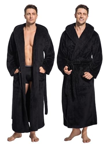 ToastyLife Mens Soft Plush Fleece Long Hooded Robe, Black, M