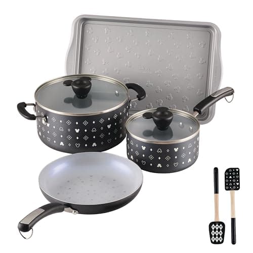 Farberware Disney Monochrome Ceramic Nonstick Cookware Pots and Pans with Baking/Bakeware Cookie Pan and Kitchen Cooking Tool Set, Dishwasher Safe, 8 Piece Cookware Set - Black