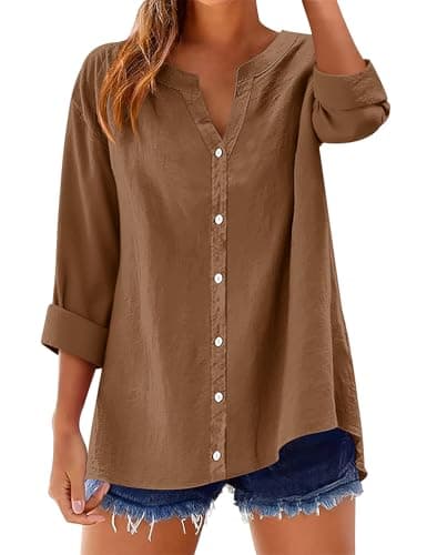 LOMON Long Sleeve Button Down Shirts for Women Cotton Button Up Shirt Linen V Neck Casual Loose Tops Blouses Light Coffee