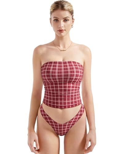 SUUKSESS Women Double Lined Tube Top Summer Y2K Going Out Tops Casual Sleeveless Basic Tank Top (Red Plaid, S)