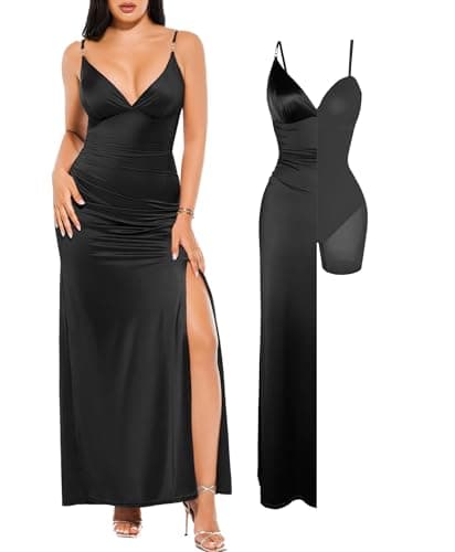 Popilush Women's Formal Shapewear Dress Deep V Ruched Side Slit Black