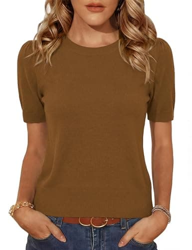Totatuit Summer Sweaters for Women Lightweight Cropped Short Sleeve Crewneck Crochet Knit Pullover Sweaters Light Coffee S