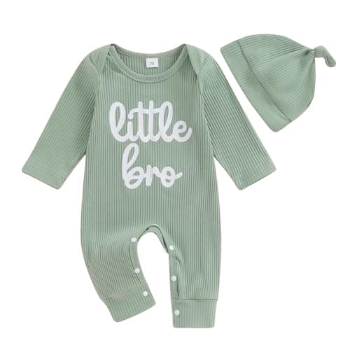 Newborn Baby Boy Clothes Little Brother Romper Jumpsuits 2Pcs Clothing One Piece Lil Bro Set Infant Outfit (Green Knitted, 3-6 Months)