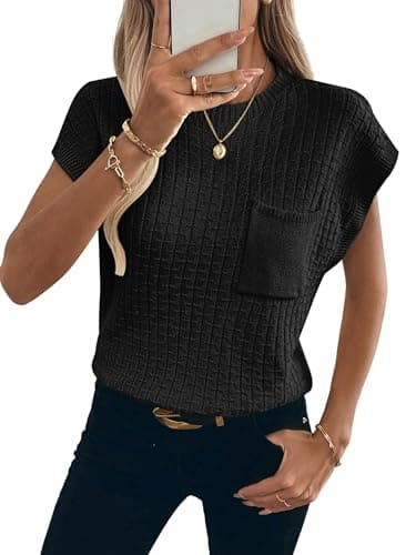 RICHSTORY Short Sleeve Sweaters for Women 2026 Spring Summer Cap Sleeve Sweaters Tops Casual Round Neck Lightweight Knit Pullover Top Black XX-Large