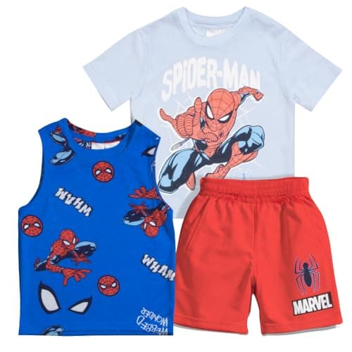 Marvel Spider-Man Boys 3-Piece Clothing Set - Printed Short Sleeve T-Shirt, Tank Top, & Shorts 3-Pack Bundle Set for Kids (Blue/Red, Size 5/6)