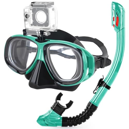Snorkeling Gear for Adults Youth, Nearsighted Anti-Fog Diving Mask & Silicone Dry Snorkel for Scuba Diving Spearfishing Freediving (Green, -2.0)