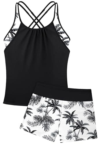 HOZIY Teen Tankini Swimsuits Girls Modest Swimwear Two Piece Bathing Suits with Shorts Black Coconut Hawaii Beach Swim Suit Size 9-10