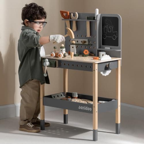 JERIDOO Kids Wooden Workbench, 61-Piece Tool Bench Set with Saw, Hammer, Spanner, Screwdriver, Nuts and Bolts, Chalkboard, Safety Goggles and Gloves, Construction Toy, Pretend Play, Boys, Girls Age 3+