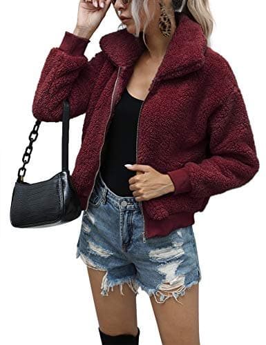 AKEWEI Fluffy Coat for Women Fuzzy Fleece Jacket Red Teddy Coat Zip Up Hoodie Wine Red S
