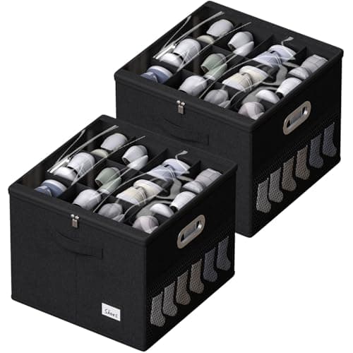 2 Pack Shoe Organizer for Closet Large Shoe Box Storage Containers with Clear Window Space Saving Shoe Bin with Foldable Bottom Support Adjustable Dividers Fits 32 Pairs (Black, (16.5*16.5*13in)*2)
