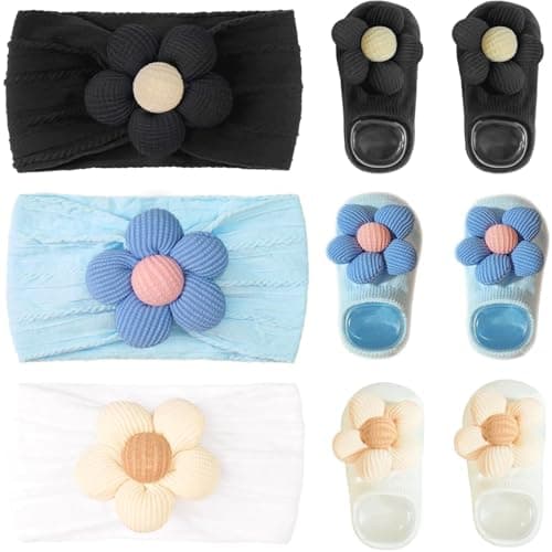 CÉLLOT Baby Girl Headband and Socks, Non-Slip Floral Socks and Soft Floral Nylon Hairbands for Babies Infants and Toddlers(White,Blue,Black)
