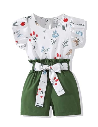 Vitalique Size 3 4T Toddler Girls Clothes 2 Piece Set Cute Floral Ruffle Short Sleeve Tops and Green Shorts Little Girl Summer Clothing Sets(3-4T)
