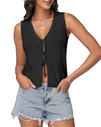 IEEILULU Women Sleeveless Knit Vest Striped V Neck Tie Front Sweater Vests Y2k Crochet Tank Tops for Going Out Beach Vacation (Black, L)