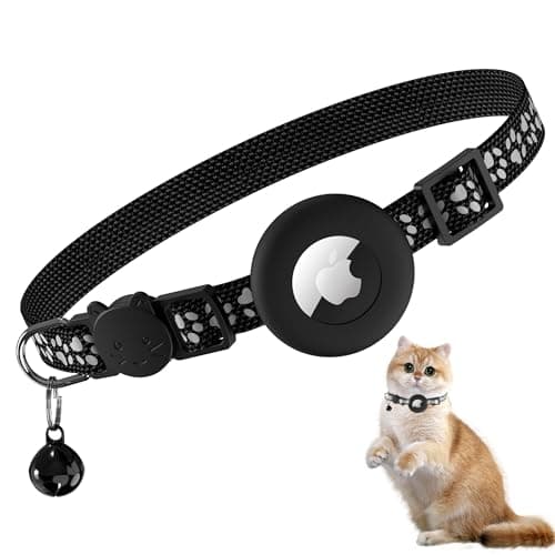 Meliya Airtag Cat Collar Breakaway with Bell, Adjustable Reflective Pet Kitten Collar with Apple Air Tag Holder Case for Girl Boy Cats (Footprints Black)