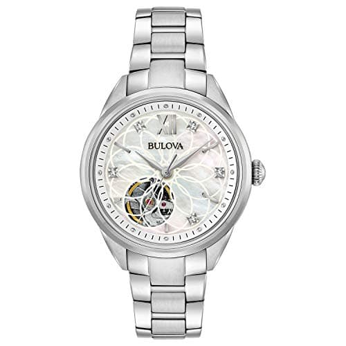 Bulova Ladies' Sutton Stainless Steel 3-Hand Automatic, Open Aperture and White Mother-of-Pearl Dial with Diamonds Style: 96P181