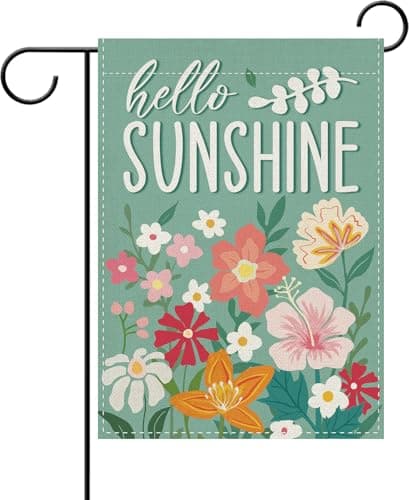 Dyrenson Spring Summer Floral Decorative Garden Flag, Hello Sunshine Flower Teal Yard Outside Home Decoration, Wildflower Botanical Burlap Outdoor Small Decor Double Sided 12 x 18