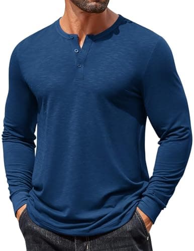 COOFANDY Men's Long Sleeve Henley T-Shirt Casual Classic Tee Deep Blue