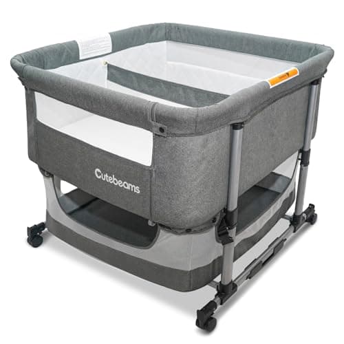 cutebeams Twin Bassinet for 2 Babies, 4 in 1 Bedside Double Bassinet for Twins, Portable Adjustable Rocking Bassinet for Baby with Mosquito Net and Storage Basket, Luxury Mattress (Grey)
