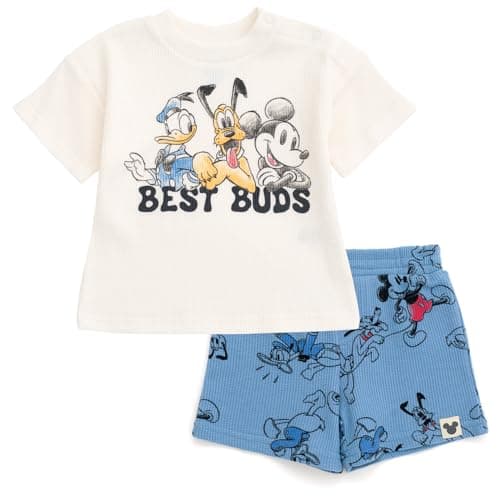 Disney Mickey Mouse Donald Duck Pluto Toddler Boys Waffle Knit T-Shirt Shorts Outfit Set Mickey Mouse/Blue 3T