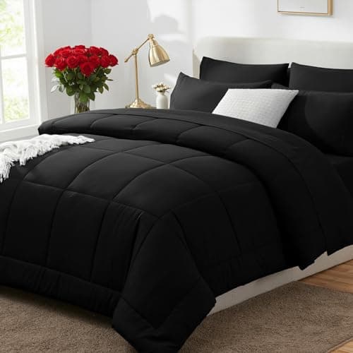 CozyLux Queen Comforter Set Black - 7 Pieces Bed in a Bag