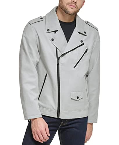DKNY Men's Modern Motorcycle Jacket, Light Grey Microsuede, X-Large