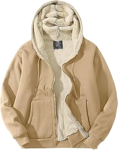 PEHMEA Men's Warm Thicken Fleece Hoodie Sherpa Lined Full-Zip Sweatshirt Jacket(0-Khaki-L)