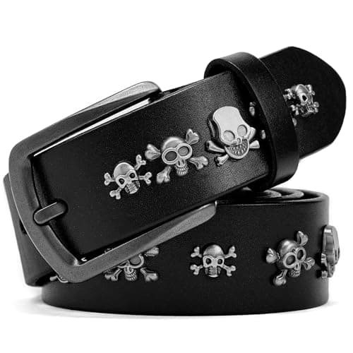 WIZNEERK Black Studded Belt For Men Black Skull Belt for Men Women Western Cowboy Cowgirl Punk Studded Gothic Belts Y2k (Black 2, XX-Large：37"-40")