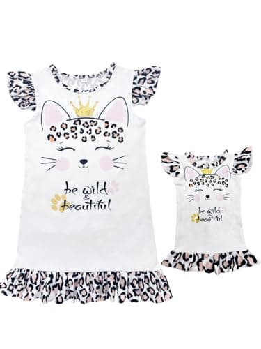 Bow Dream Girl Dress and Matching American Girl Doll Clothes for Girls Leopard Cat Size 110